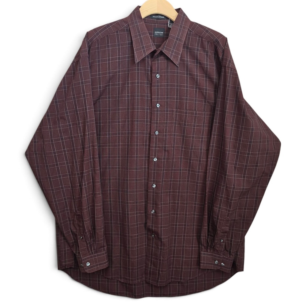 Arrow Dress Shirt Mens XLT Tall Burgundy Plaid Wrinkle Free Long Sleeve Button